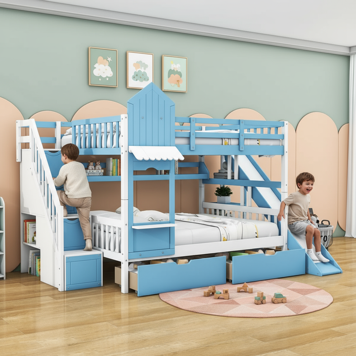 Full Over Full Castle Bunk Bed with Slide, Built-in Storage Drawers and Shelves, Sturdy and Fun Loft Design for Bedroom, Blue