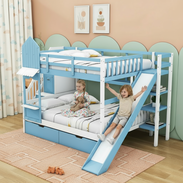 Twin Over Twin Castle Bunk Bed with Slide, Built-in Storage Drawers and Shelves, Space-Saving and Stylish Wooden Frame, Blue