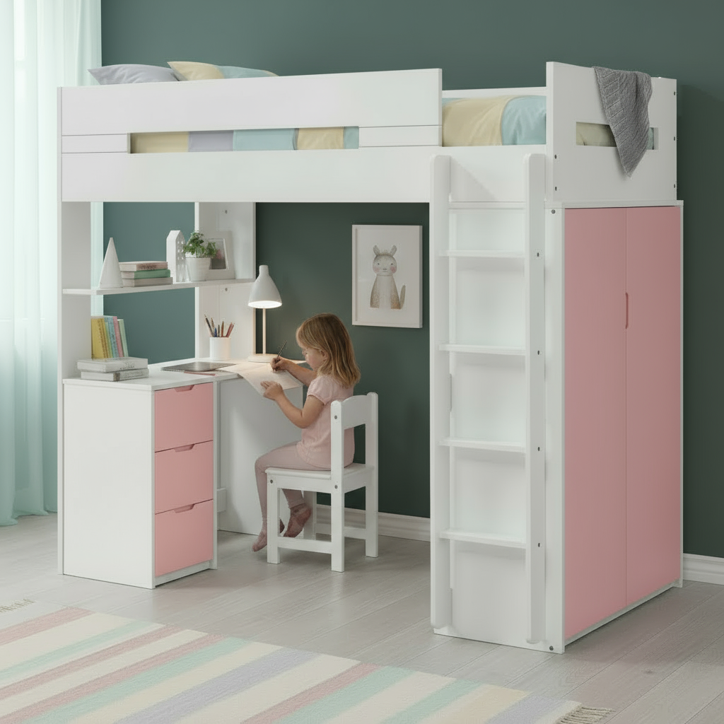 White And Pink Twin Loft Bed And Desk