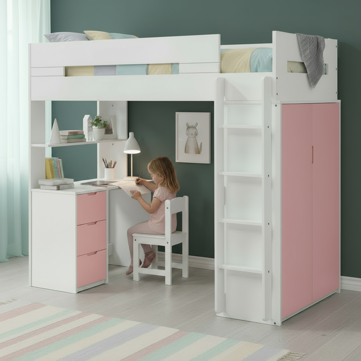 White And Pink Twin Loft Bed And Desk