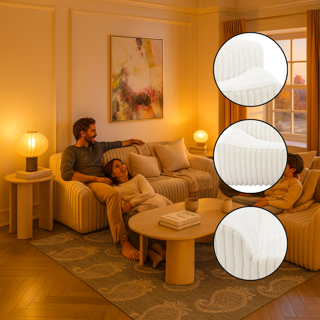 Contemporary Cream Sofa – Plush Cord-Style Fabric & Ash Wood | Living Room Seating | Trufairs