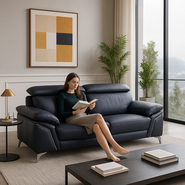 Navy Blue Italian Leather Sofa and Loveseat Set with Coil Spring Construction