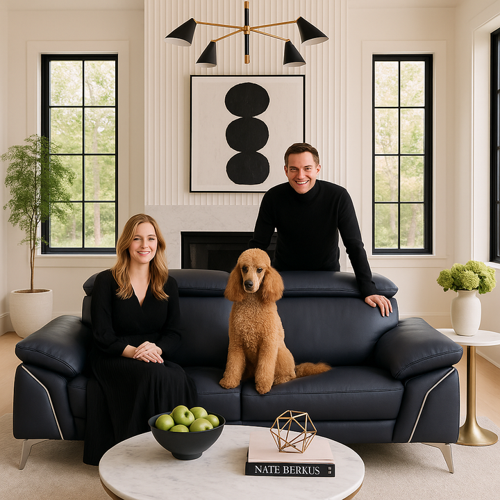 Navy Blue Italian Leather Sofa and Loveseat Set with Coil Spring Construction