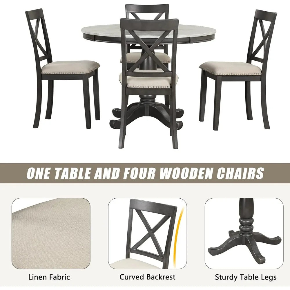 5 Pieces Dining Table and Chairs Set for 4 Persons, Farmhouse Rustic Modern Kitchen Room Solid Wood Pedestal Table with 4 Cross