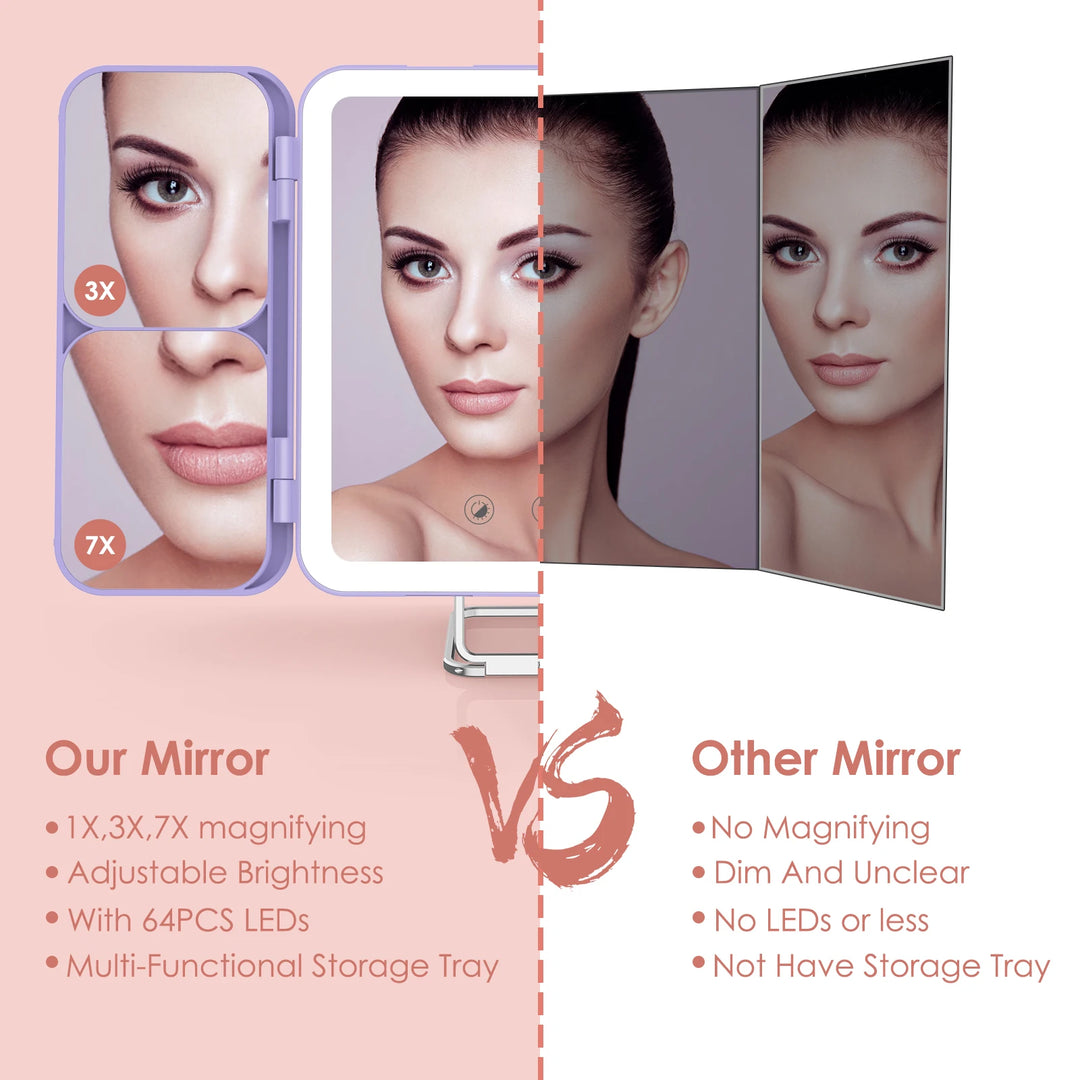 SEJOY Makeup Mirror with Lights, 1X 3X 7X Magnifying Mirror, Touch Control, Trifold Makeup Mirror, Portable LED Makeup Mirror