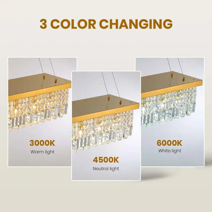 Modern Rectangular Crystal Chandelier Gold Pendant Light Fixture Dining Kitchen Island E12 Bulb 8-Light Adjustable Chain