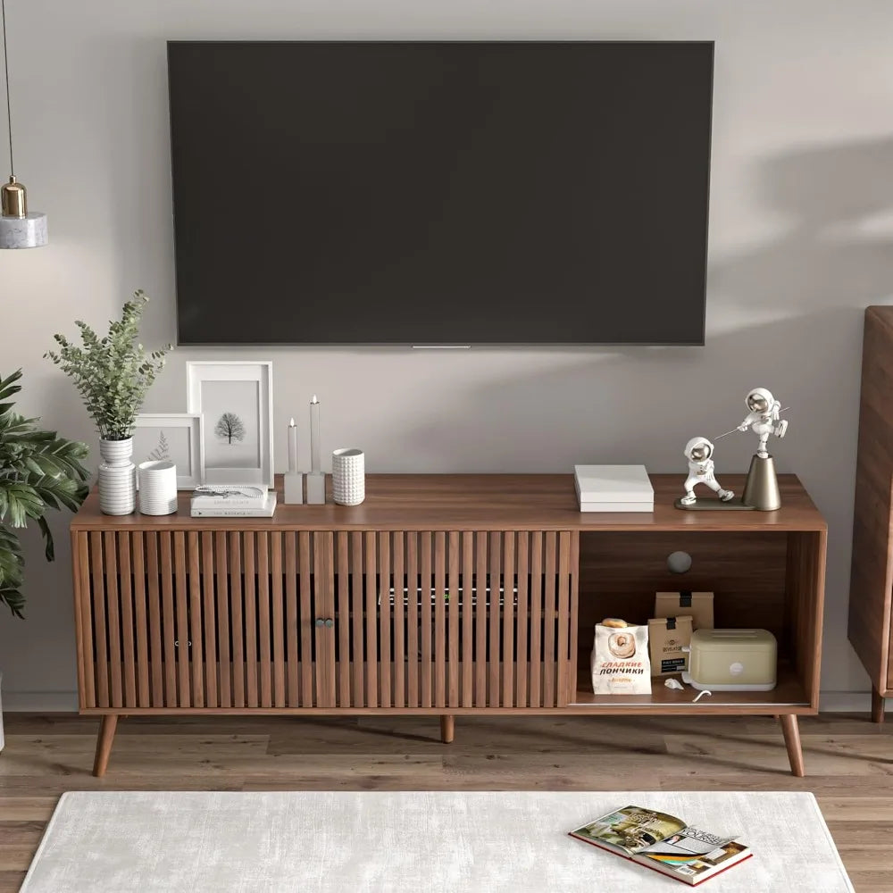 Mid Century Modern TV Stand for Televisions up to 70 Inches, with Sliding Doors and Storage, Television Stands, TV Consoles, Med