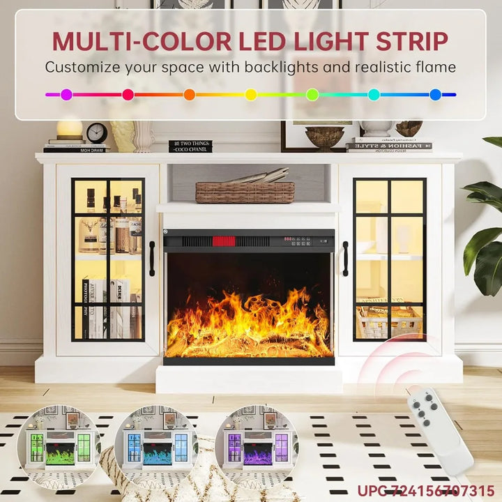 59'' Fireplace TV Stand, 3 Sided Glass Media Entertainment Center Console Table for TVs up to 65'' with Glass Door Adjustable F