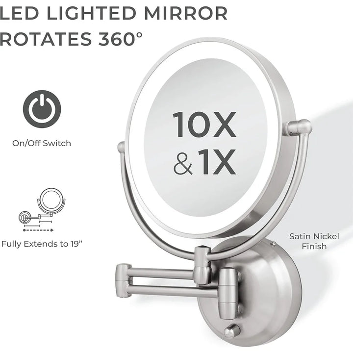 Free Delivery - 11" LED Wall Mounted Makeup Mirror 10X/1X Shaving Mirror Cordless or Battery Operated Vanity Mirrors for Wall