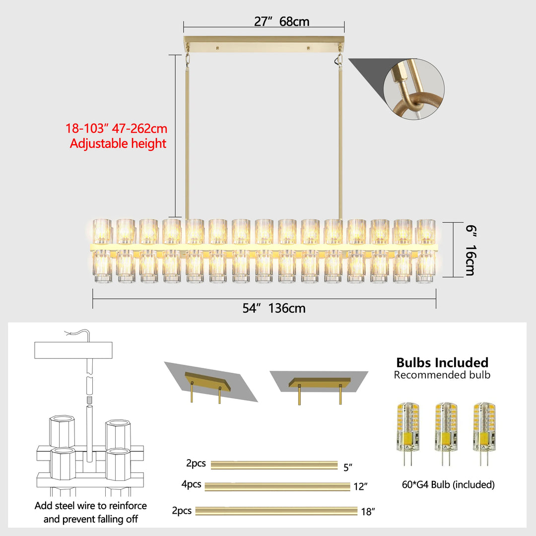 Crystal Gold Rectangular Chandelier for Dining Room, 54in Dining Room Chandelier over Table, Modern Chandelier