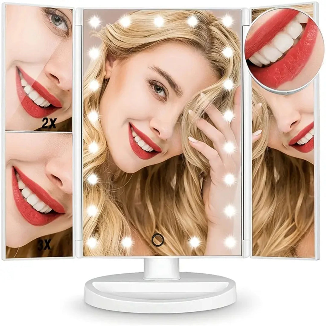 Portable Tri-fold Lighted Vanity Makeup Mirror with 3x/2x/1x Magnification, Bright LEDs Light and Easy-to-Use Touch Screen Techn