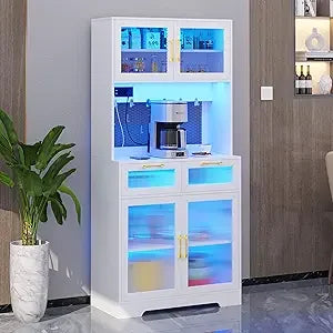 Tall Arched Display Cabinet with Lights, 71" Bookcase with Adjustable Shelves, Modern Storage Organizers with Glass Door, Kitch