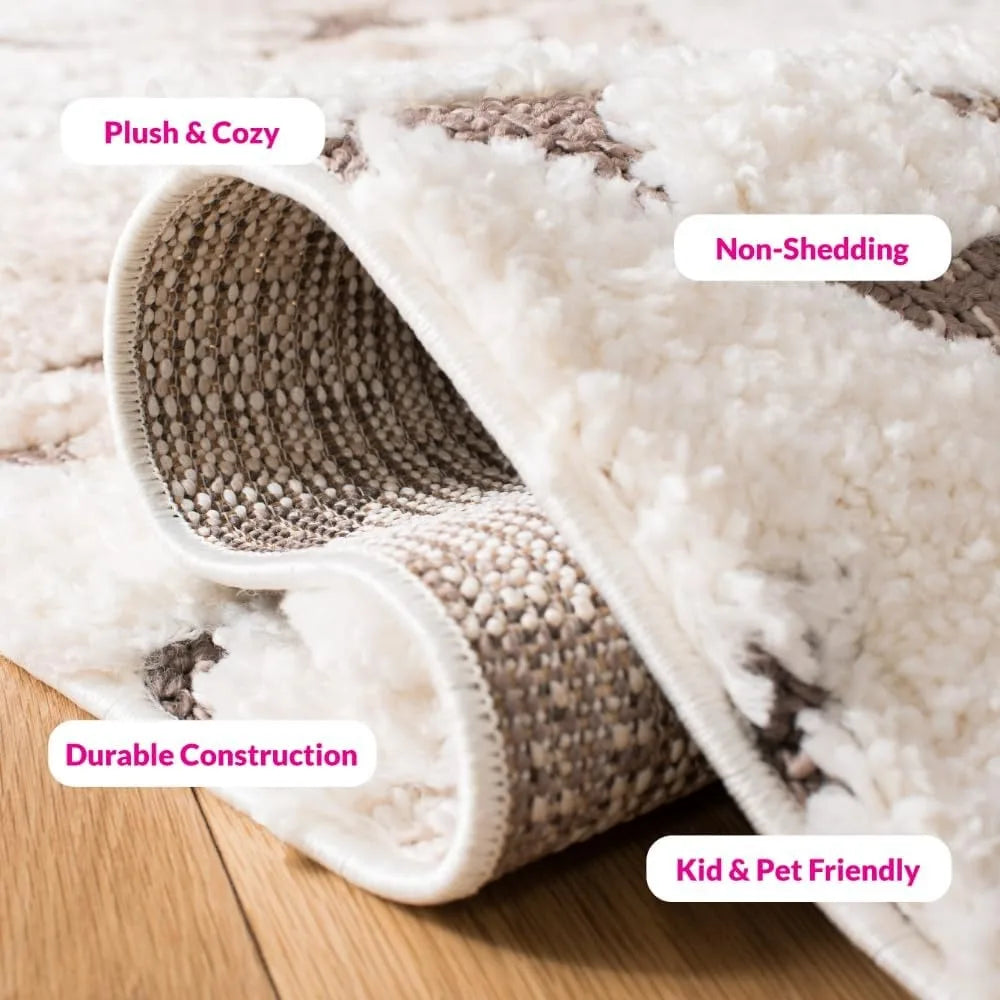 High quality - Area Rug 8x10,Moroccan Tassel Shag Collection,Large,Ivory & Brown, Boho Design, Non-Shedding & Easy Cleaning