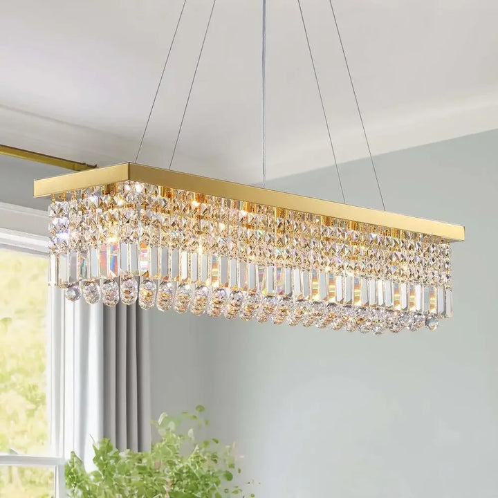 Modern Rectangular Crystal Chandelier Gold Pendant Light Fixture Dining Kitchen Island E12 Bulb 8-Light Adjustable Chain