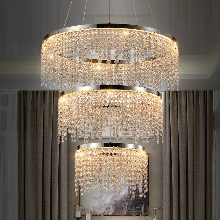 23.6-inch Crystal Chandelier, Dimmable Led Ceiling Lamp, Adjustable Color Temperature 3000K/4000K/6000K, Height Adjustable, Luxury Round Chandelier, Suitable for Living Room, Dining Room, Bedroom