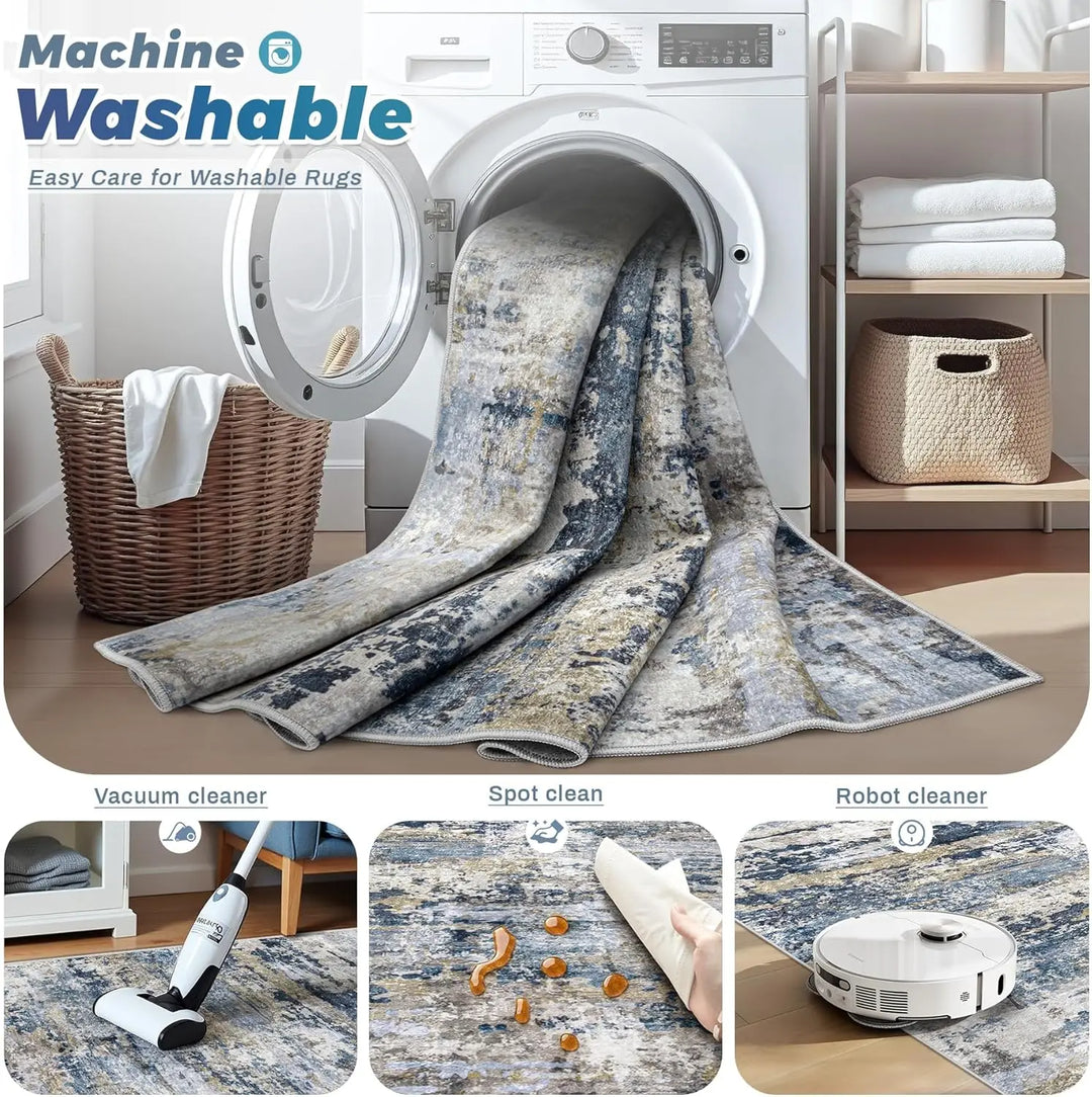 8x10 Washable Modern Abstract Neutral Area Rug - Soft, Non-Slip, Low-Pile Indoor Carpet for Living Room and Bedroom