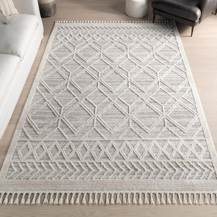 8x11 Ansley Moroccan Tassel Area Rug, Light Grey, High-Low Textured Bohemian Design, Plush High Pile, Stain Resistant