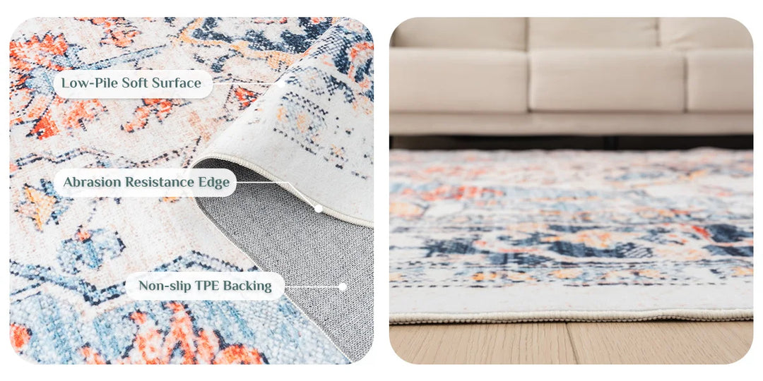 Orhopui vintage boho design, washable area rugs non-slip rugs for living room bedroom traditional woven rugs stain resistant