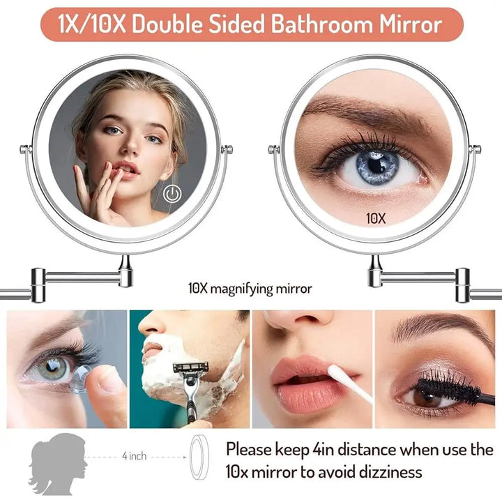 Rechargeable Wall Mounted  Makeup Mirror 8 inch Double-Sided 1X 10X Magnification 3 Color Light Modes Adjustable Brightness