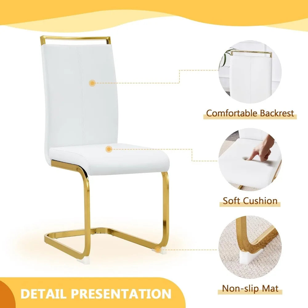 Modern Dining Table Set for 6,Glass Kitchen Table and Chairs,71''Gold Dining Room Table &Generous Legroom with 6 White Leather