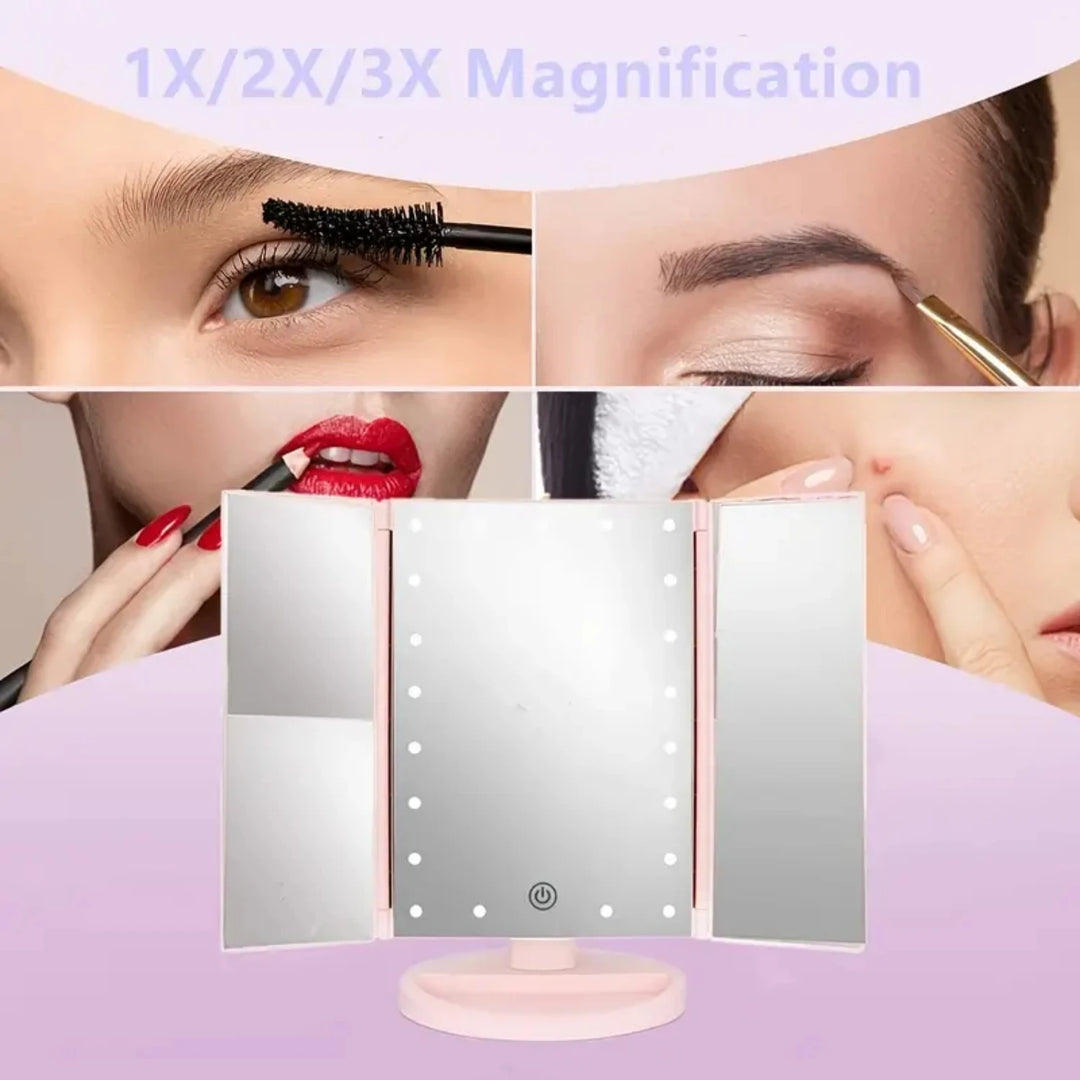 Portable Tri-fold Lighted Vanity Makeup Mirror with 3x/2x/1x Magnification, Bright LEDs Light and Easy-to-Use Touch Screen Techn