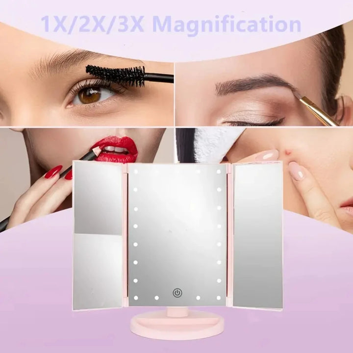 Portable Tri-fold Lighted Vanity Makeup Mirror with 3x/2x/1x Magnification, Bright LEDs Light and Easy-to-Use Touch Screen Techn