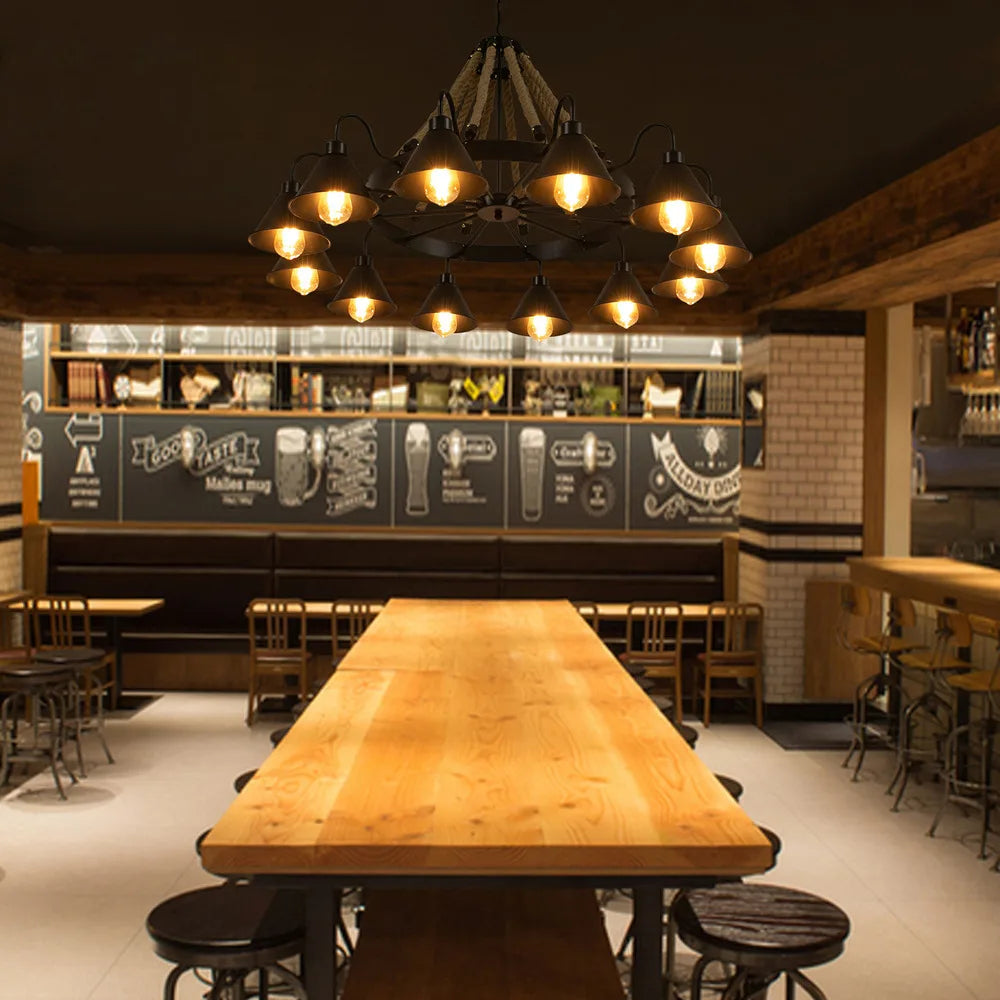 Bymaocar 12 Lights Hemp Rope Vintage Industrial Chandelier Ceiling Light Rustic Wheel Large Pendant Light Fixture Fit  Cafe Bar