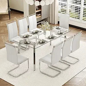 Modern Dining Table Set for 6,Glass Kitchen Table and Chairs,71''Gold Dining Room Table &Generous Legroom with 6 White Leather