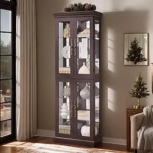 Lighted Glass Display Cabinet, 70" Curio Cabinet with Adjustable Glass Shelves Vintage,China Cabinet with 6 Shelves for Living R