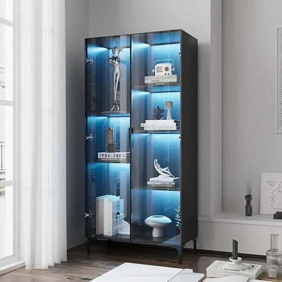 Illuminated Glass Display Cabinet with Adjustable Shelves for Collectibles