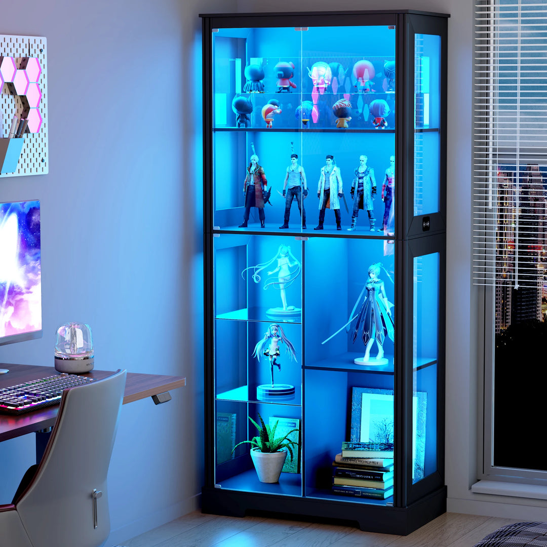 71” Display Cabinet with Glass Doors, Modern Curio Cabinet with 3 Color Lights, 7-Tiers Glass Display Cases for Collectibles,