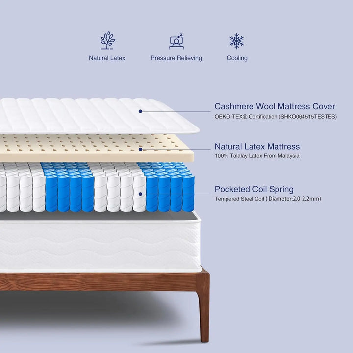 8 inch Twin Natural Latex Mattress Individually Encased Pocket Coil Firm Supportive Naturally Cooling Organic Mattress 120-Night
