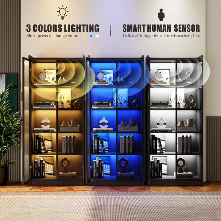Display Cabinet with Doors and Adjustable Shelves, 65" Tall Bookcase with LED Lights/Human Sensor, Black - Smoked Black Door