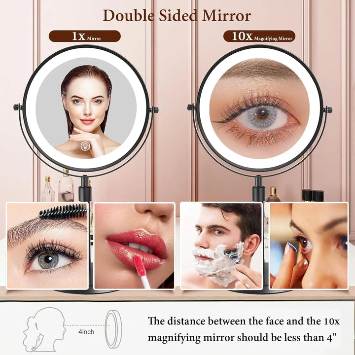 8 Inch Makeup Mirror With Light Lamp 10X Magnification 3 Color Lights,Adjustable Brightness Height Standing Cosmetic Mirror
