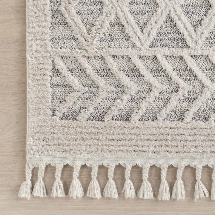 8x11 Ansley Moroccan Tassel Area Rug, Light Grey, High-Low Textured Bohemian Design, Plush High Pile, Stain Resistant