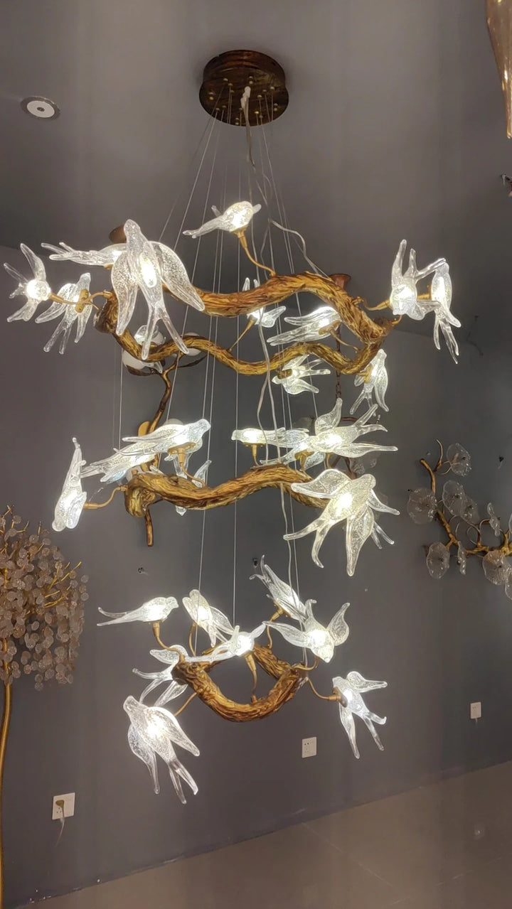 Luxury Branch Chandelier Glass Bird Crystal Led Ceiling Chandelier for Dining Room Bedroom Hotel Vintage Living Room Chandelier