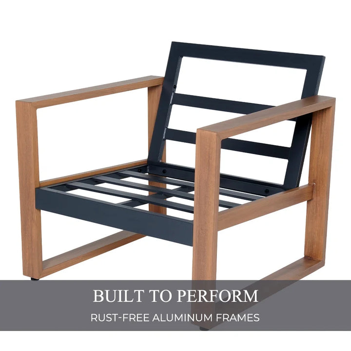 Outdoor 4-Piece Modern Aluminum Patio Furniture Sets,5 Person Conversation Set, Faux Wood Grain Finish Frame Sofa Set