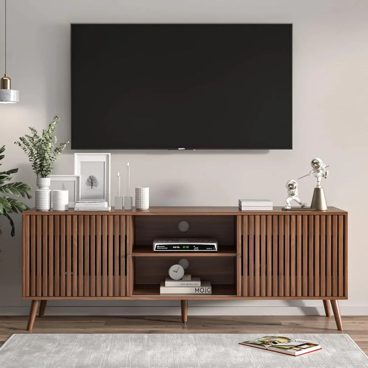 Mid Century Modern TV Stand for Televisions up to 70 Inches, with Sliding Doors and Storage, Television Stands, TV Consoles, Med