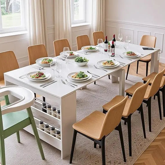 expandable dining table seats 2-12, space-saving design with storage for gatherings and events