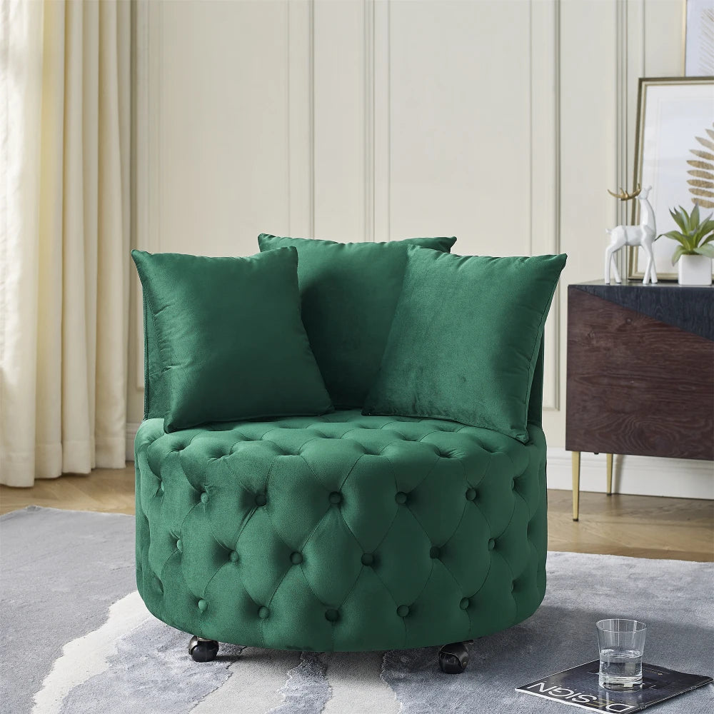 Velvet Upholstered Swivel Chair for Living Room, with Button Tufted Design and Movable Wheels, Including 3 Pillows, Black
