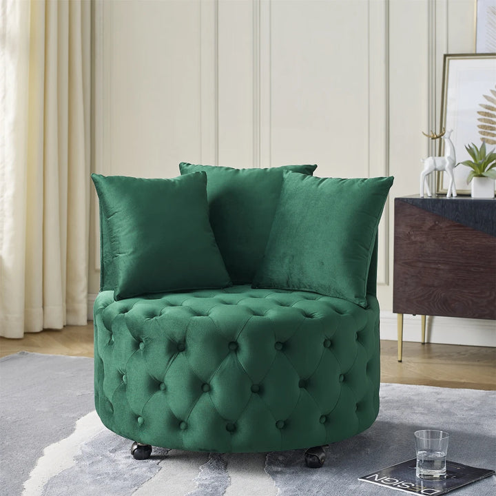 Velvet Upholstered Swivel Chair for Living Room, with Button Tufted Design and Movable Wheels, Including 3 Pillows, Black