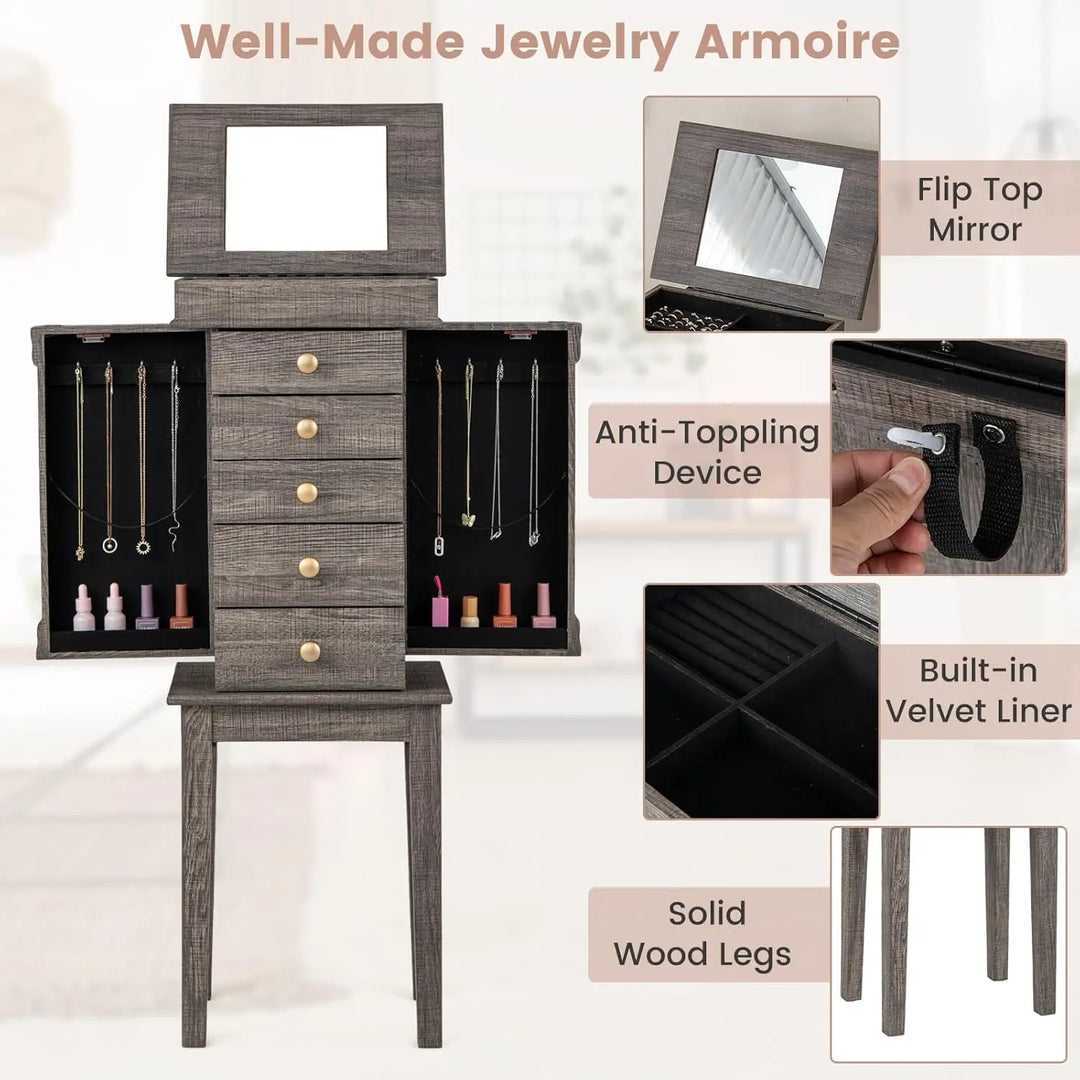 Jewelry Cabinet Armoire with 5 Drawers, 2 Side Doors with 8 Necklace Hooks, Top Flip Mirror, 4-Compartments Organizer, Standing
