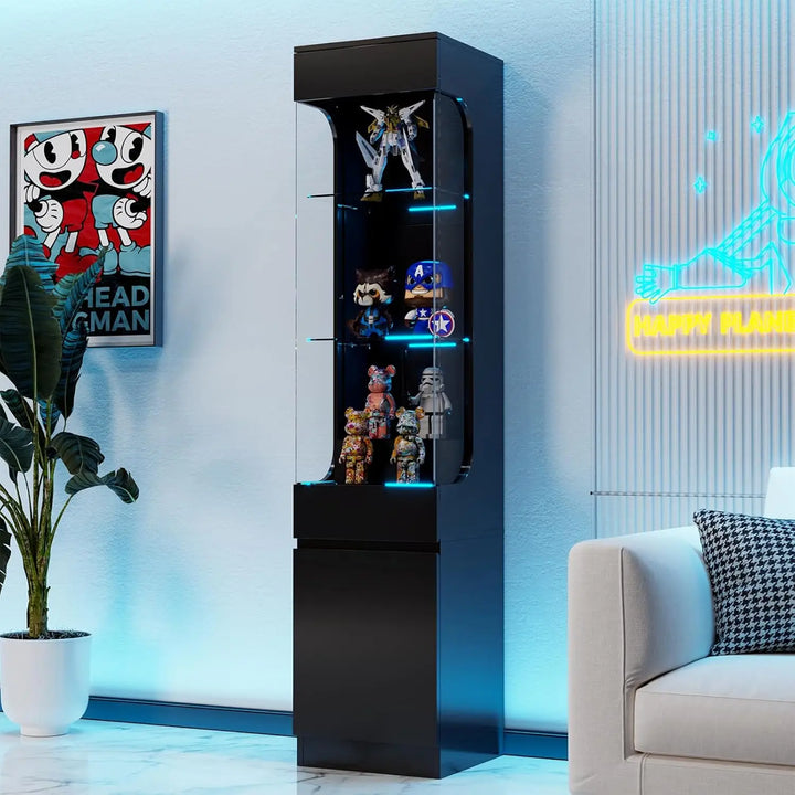 Curio Display Cabinet with Glass Door, 3-Tier Display Case with 7 Color Led Lights, 70.87'' Lighted Curio Cabinet for Collectibl