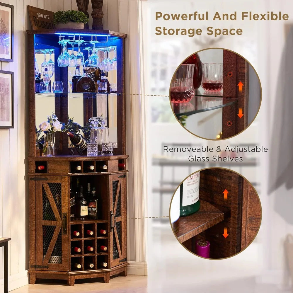 corner bar storage cabinet, 72" tall farmhouse wine cabinet w/barn door & adjustable shelf, home bar w/led light & glass rack f
