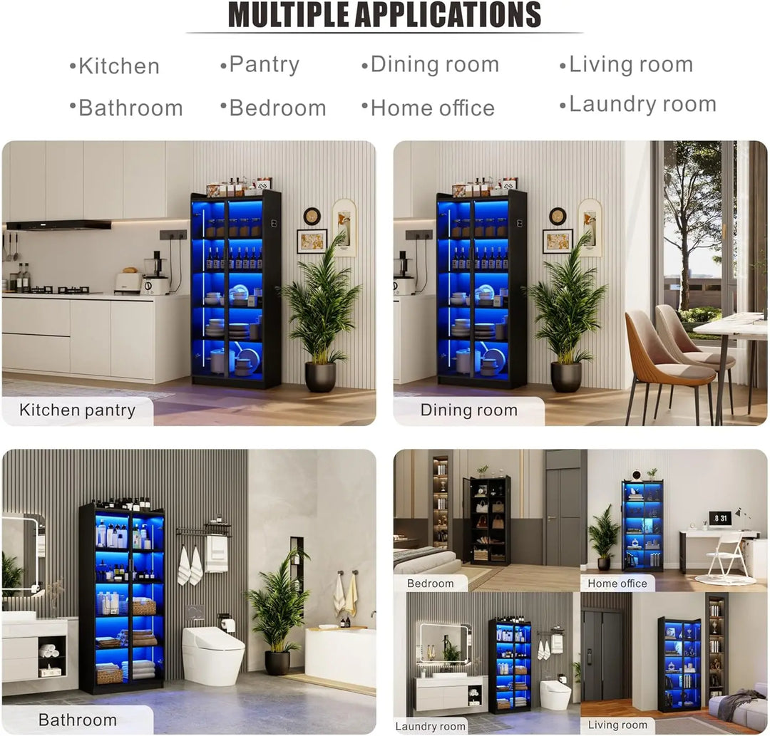 Display Cabinet with Doors and Adjustable Shelves, 65" Tall Bookcase with LED Lights/Human Sensor, Black - Smoked Black Door