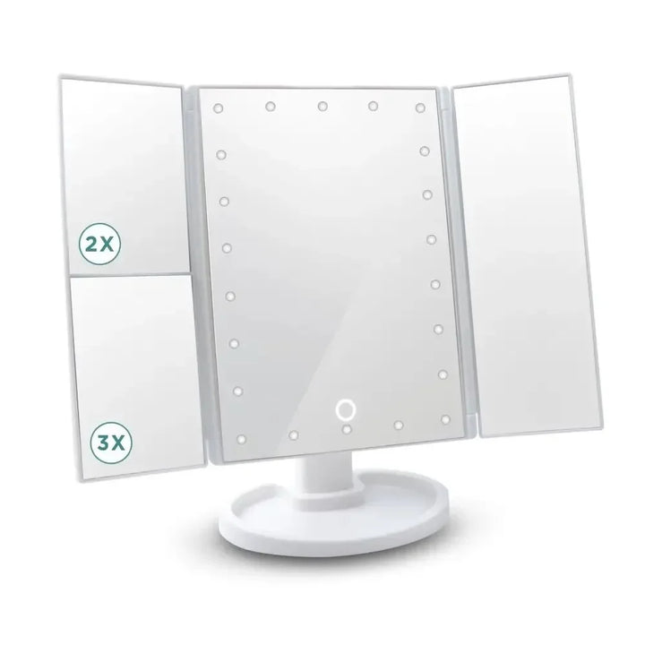 LED Vanity Makeup Mirror with Touch Control, Adjustable Lighting 1X, 2X, 3X Magnification, Trifold Design Ideal Gift for Women