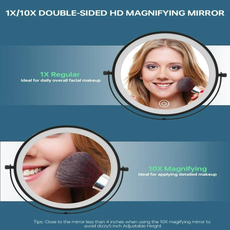 Adjustable Height Elegant Chrome Finish Lighted Vanity Mirror with 1X 10x Magnification, Dimmable Brightness, and Rechargeable 5