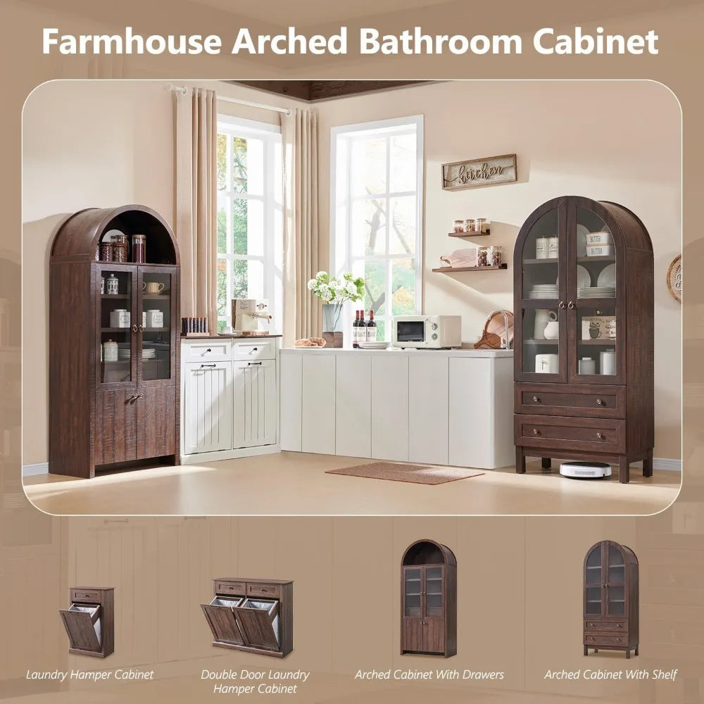 71" Tall Arched Bathroom Storage Cabinet, 4-Tier cabinet w/2 Large Drawers &Adjustable Shelves, Wooden bathroom Floor cabinets