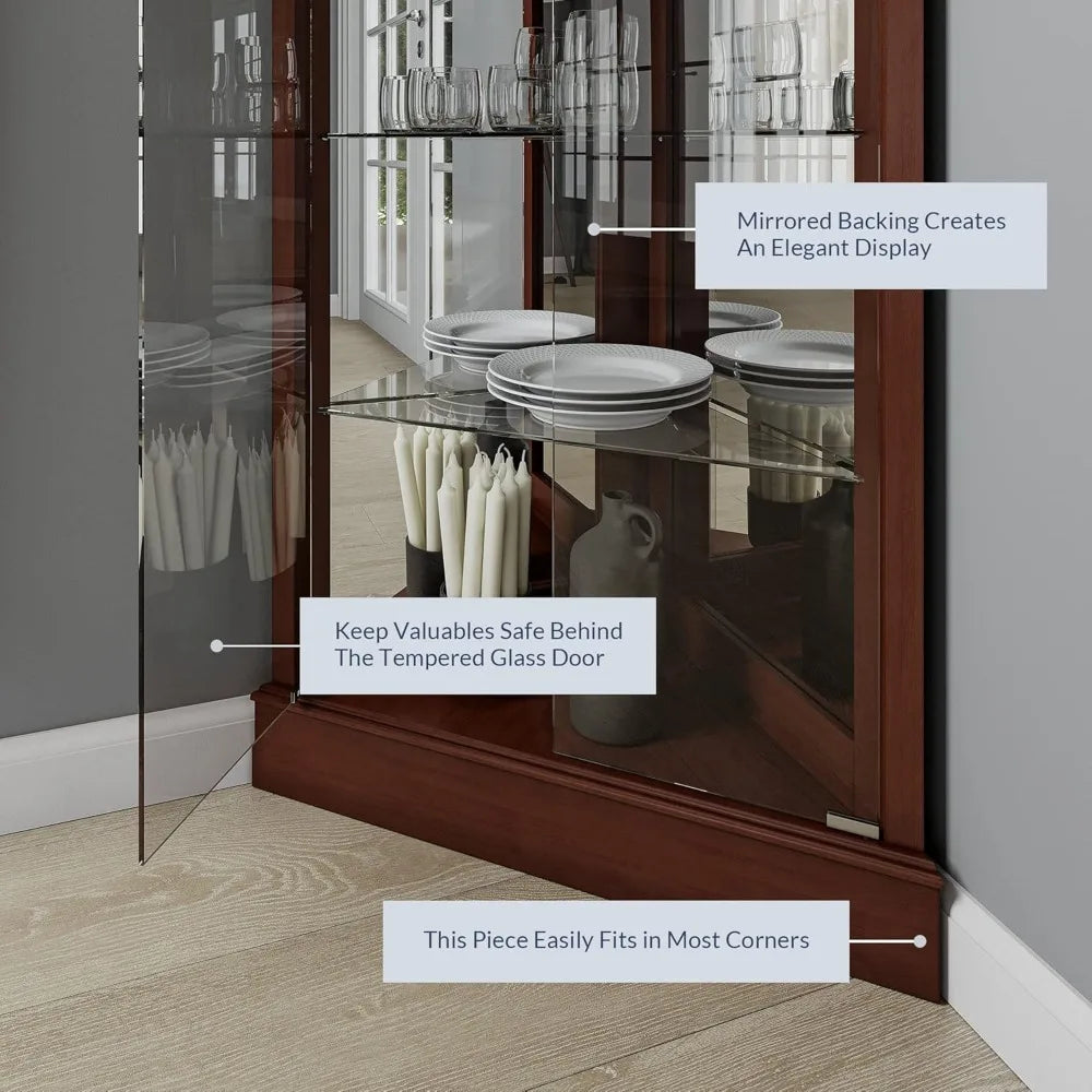 lighted corner display curio cabinet wooden shelving unit with tempered glass door, bar and liquor storage area with 6 shelves