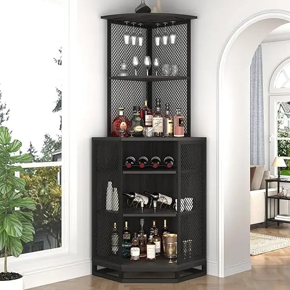 Tall Corner Bar Cabinet, Large Wood and Metal Liquor Cabinet with Wine Rack, Industrial Corner Wine Cabinet with Adjustble Shel